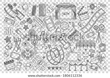 Cinema doodle set. Collection of hand drawn sketches design elements templates patterns movie theater film and pop corn. Art entertainment active lifestyle recreation and cinematography illustration. Royalty-Free Stock Photo #1806112336