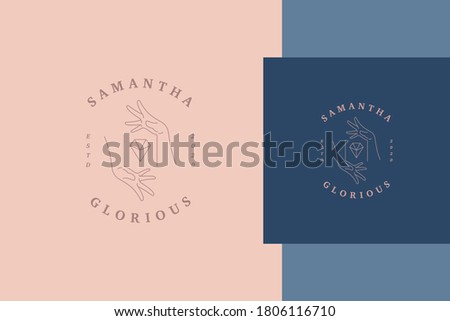 Minimal vector illustration of linear style emblem template with female hands holding luxury diamond designed for jewelry shop product packaging line style