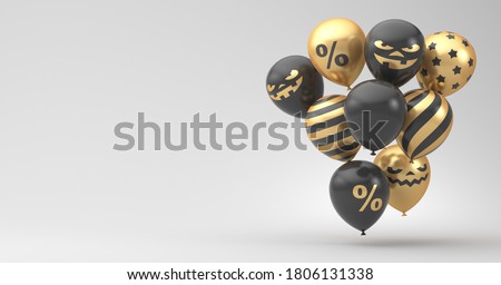 Halloween. 3D rendering. Composition of black balloons with gold decor on a white background. Illustration for advertising.
