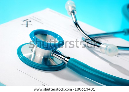 Empty medical prescription on blue, reflective background