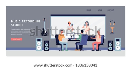 Studio for professional recording of audio, sound or music. Producer listens to singers. Equipment for production of soundtracks. Vector flat illustration. Landing page template