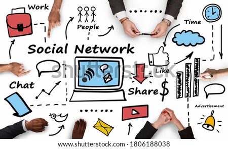Social Network. Group Of People Using Gadgets Communicating And Networking Online On White Background. Above-View, Collage With Icons