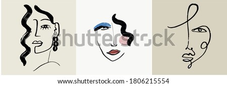 Set of creative templates in trendy style with one line face portrait, contemporary abstract colorful shapes. Cubism face. Design promotion.  Royalty-Free Stock Photo #1806215554