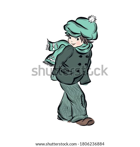 hand drawn little boy in winter clothes, vector clip art. illustration for vintage postcard or poster