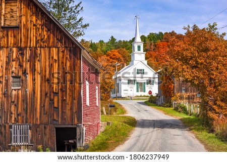 Waits River Village, Vermont, USA with autumn foliage. Royalty-Free Stock Photo #1806237949