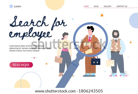 Website banner mockup for searching employee and recruitment with cartoon characters flat vector illustration. Human resources and work of hr agency concept.