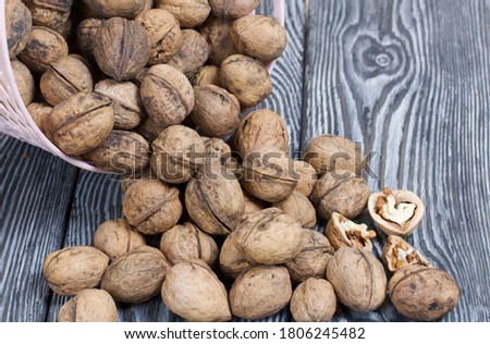 An overturned basket of walnuts. Against a background of painted pine boards.