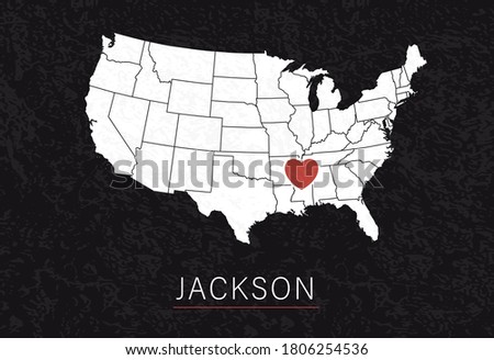 Love Jackson Picture. Map of United States with Heart as City Point. Vector Stock Illustration