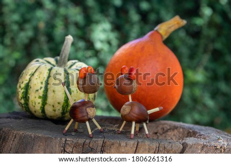 Organic animals made from brown acorns, marrons, magnolia soulangeana seeds and safety matches, funny craft diy, pumpkins on background