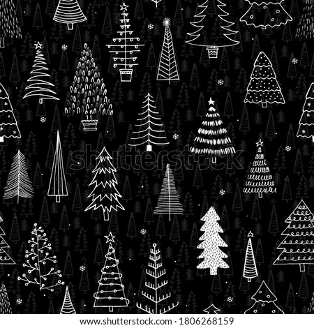 Seamless pattern with different Christmas trees. Black liner rough hand drawing. New Year fir-trees decoration doodle sketch. Can be used  for fabric, phone case and wrapping paper. 

