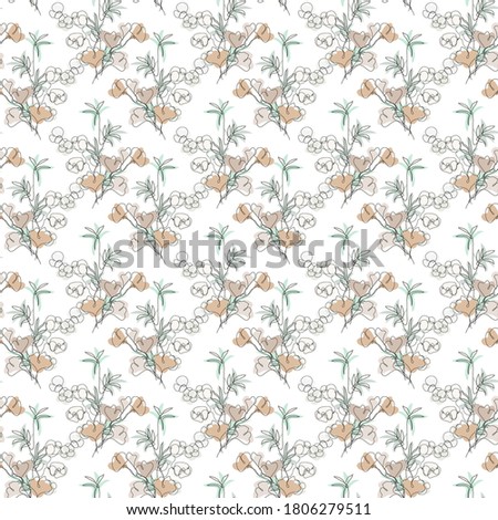 Elegant seamless pattern with ginkgo, cotton, bamboo, design elements. Floral  pattern for invitations, cards, print, gift wrap, manufacturing, textile, fabric, wallpapers. Continuous line art style
