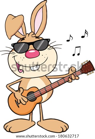 Funny Rabbit With Sunglasses Playing A Guitar And Singing. Vector Illustration Isolated on white