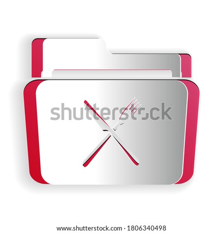 Paper cut Crossed fork and knife over folder icon isolated on white background. Restaurant symbol. Paper art style. Vector.