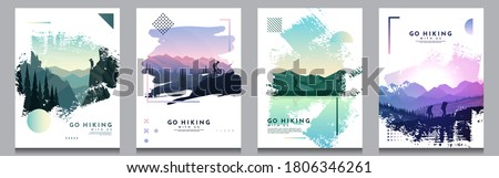 Vector brochure cards set. Travel concept of discovering, exploring and observing nature. Hiking. Adventure tourism. Flat design template of flyer, magazine, book cover, banner, invitation, poster. Royalty-Free Stock Photo #1806346261