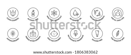 Organic cosmetic labels set. Product free allergen line icons. Natural products badges. GMO free emblems. Organic stickers. Vegan, bio food. Healthy eating. Vector illustration.
