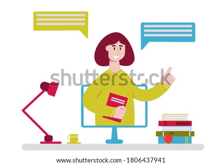 Concept of online education, studying and homeschooling. Online teacher speaking from computer monitor. Pupil's or student's home workplace. Vector illustration in flat style