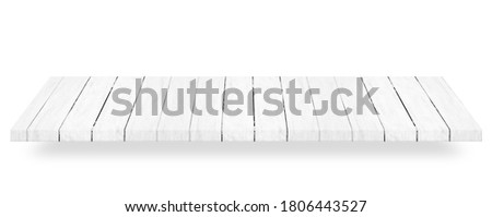 Wooden white tabletop or wood shelf isolated on white background. Object with clipping path.