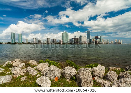 Beautiful Miami skyline along Biscayne Bay.