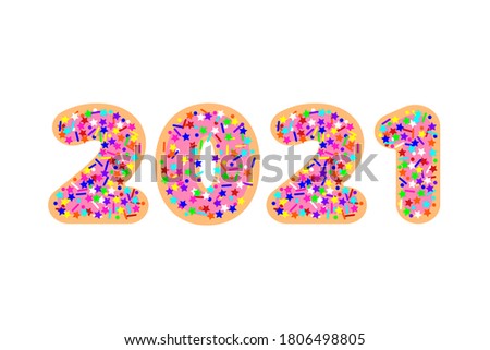 2021 numbers in flat colorful sprinkles candy topping on pink glazed cookies font, stock vector illustration clip art design element isolated on white background for calendar, poster, flyer, card