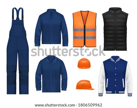 Workwear uniform and worker clothes, vector realistic safety jackets and overall vests. Work wear clothing suits and outfit garments for construction and builders, hardhat helmet and pants mockups Royalty-Free Stock Photo #1806509962