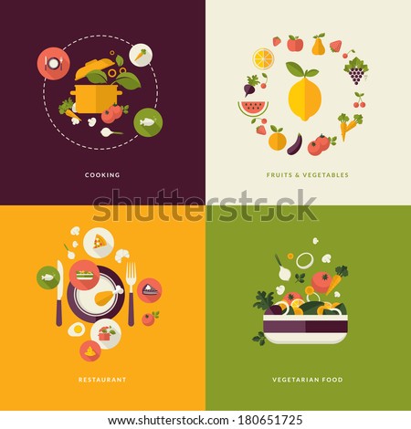 Set of flat design concept icons for food and restaurant. Icons for cooking, fruits and vegetables, restaurant and vegetarian food.