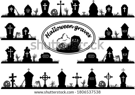 Set of spooky Halloween cemetery elements with crosses, graves, arms, hands, bones and skulls. Spooky cemetery silhouette, collection of Halloween vector isolated on white background. 