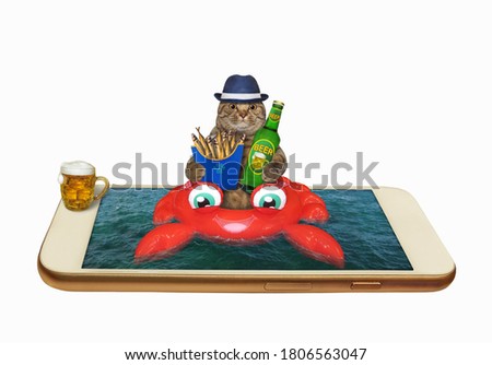 A beige big eyed cat drinks beer and eats smoked fish on an inflatable crab on the phone screen.
