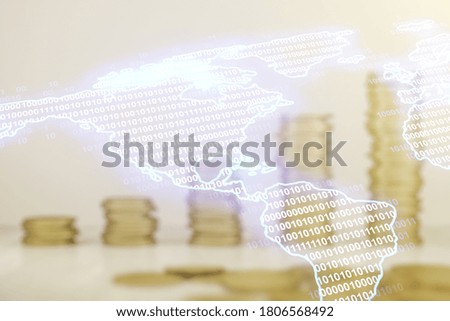 Virtual digital map of North America on stacks of coins background, international trading concept. Multiexposure