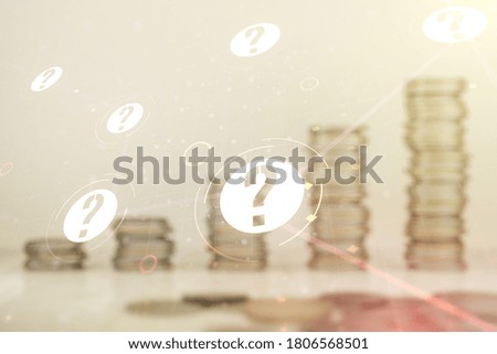 Double exposure of abstract virtual question mark hologram on growing stacks of coins background. Sociology and psychology concept