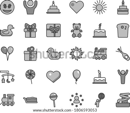 Thin line gray tint vector icon set - heart symbol vector, toys over the cradle, rubber duck, baby duckling, teddy bear, toy train, children's, colored air balloons, balloon, cake, birthday, gift
