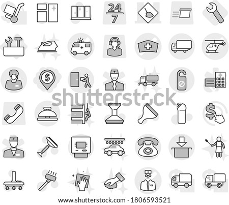 Editable thin line isolated vector icon set - dollar pin, ambulance car vector, helicopter, medical hat, doctor, under construction, phone, support manager, shipping, courier delivery, package, atm