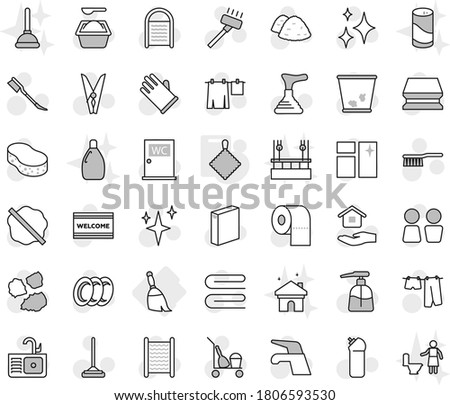 Editable thin line isolated vector icon set - broom, rag, plunger vector, cleaner trolley, water tap, vacuum, fetlock, mop, clothespin, sponge, towel, trash bin, car, shining, window cleaning, agent