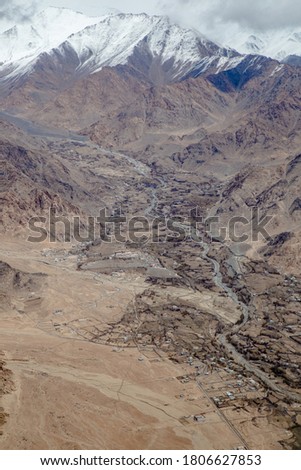 Aerial view of Leh Ladakh region from the airplane window, India.