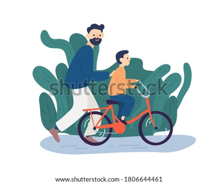 Happy father educates little son to riding on bike at park vector flat illustration. Smiling family spending time together feeling love, trust and support isolated. Joyful guy enjoying parenthood