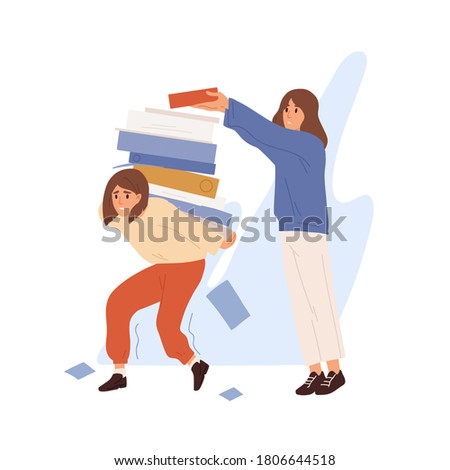 Concept of unfair load distribution, overhours and stressful situation. Colleague put piles of giant folders on overworked and tired office manager. Flat vector cartoon illustration isolated on white Royalty-Free Stock Photo #1806644518