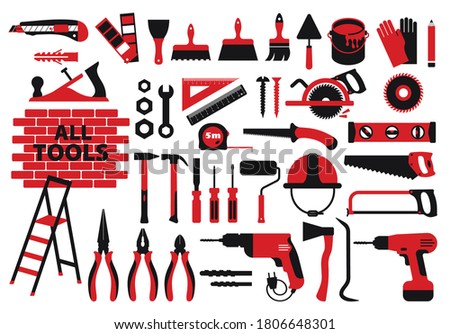 Vector icons set, building, construction, tools, repair and decoration works. Flat design icons set.