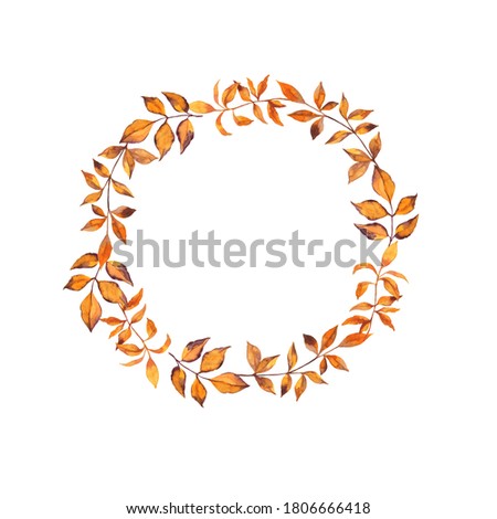 Autumn orange branches and leaves and berries frame. Hand drawn watercolor illustration.