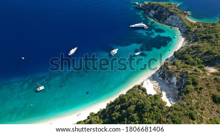 Aerial drone photo of tropical exotic bay with turquoise rocky seascape and beautiful sandy beach in Caribbean destination island