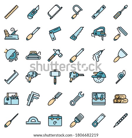 Carpenter tools icons set. Outline set of carpenter tools vector icons thin line color flat on white