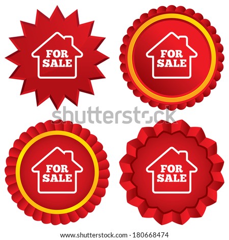 For sale sign icon. Real estate selling. Red stars stickers. Certificate emblem labels. Vector