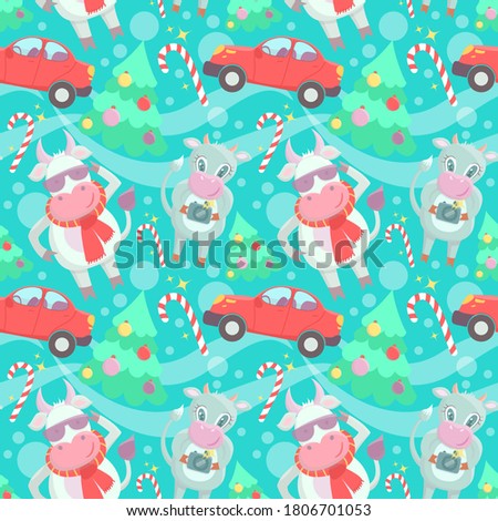 Seamless vector New Year's pattern with a Christmas tree decorated with balls, a joyful bull with a camera, a car and a candy cane. Magic pattern on a blue background. Image on fabric, packaging