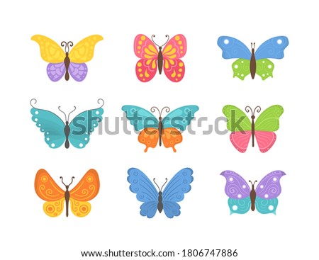 Set of flying butterflies icons isolated on a white background. Butterfly collection in flat design. Colorful summer insects a top view. Vector illustration, eps 10.