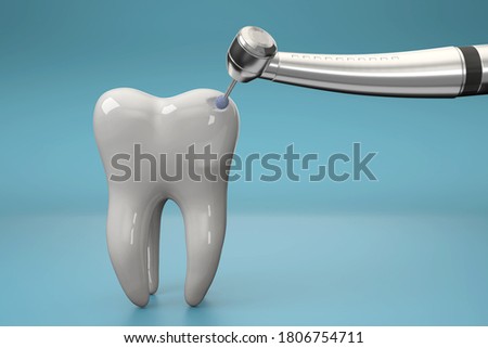 A 3D close up view of dental drill and white tooth model in action.