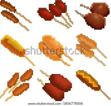 A set of nine food items made up of pixels. Corn dog or sausage in cheese dough. Old graphics, interesting images for games, websites, restaurant menus, and more. Vector illustration.
