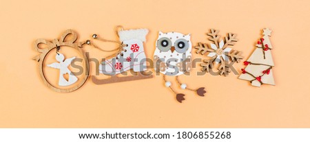 Top view Banner of holiday ornament made of Christmas decorations on colorful background. New Year time concept with copy space.