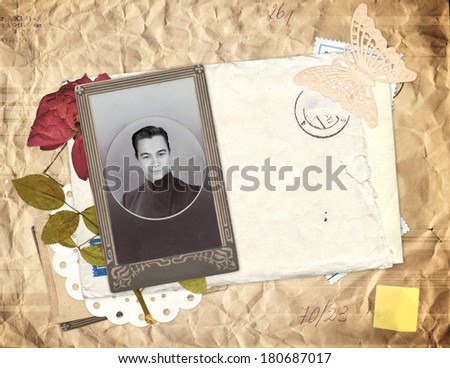 Old envelope, photo and dry rose flower for scrapbooking design
