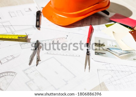 Architectural plans, pencils and ruler, Blueprin non coopyligth