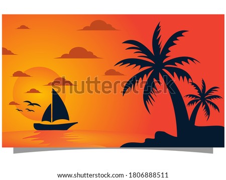 Flat background design with boat and palm in the afternoon