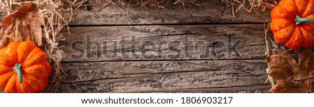 Autumn background with leaves and pumpkins on wooden background. Panorama view