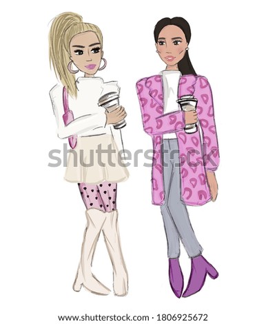 Women standing and chatting. Cute friends in stylish outfits. Blonde and dark haired female with cups of coffee